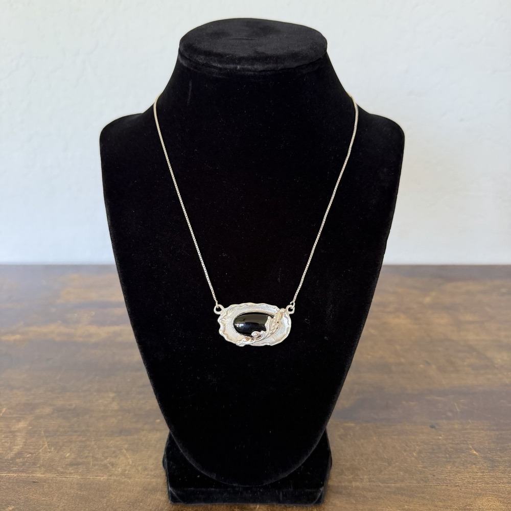 Vintage Sterling Silver Abstract‎ Onyx Cabochon Pendant Necklace 925 Artisan